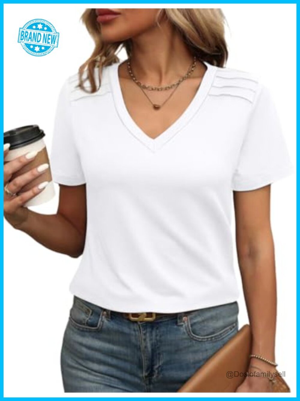 Womens V Neck Pleated Shoulder Short Sleeve Blouse Business Casual Top
